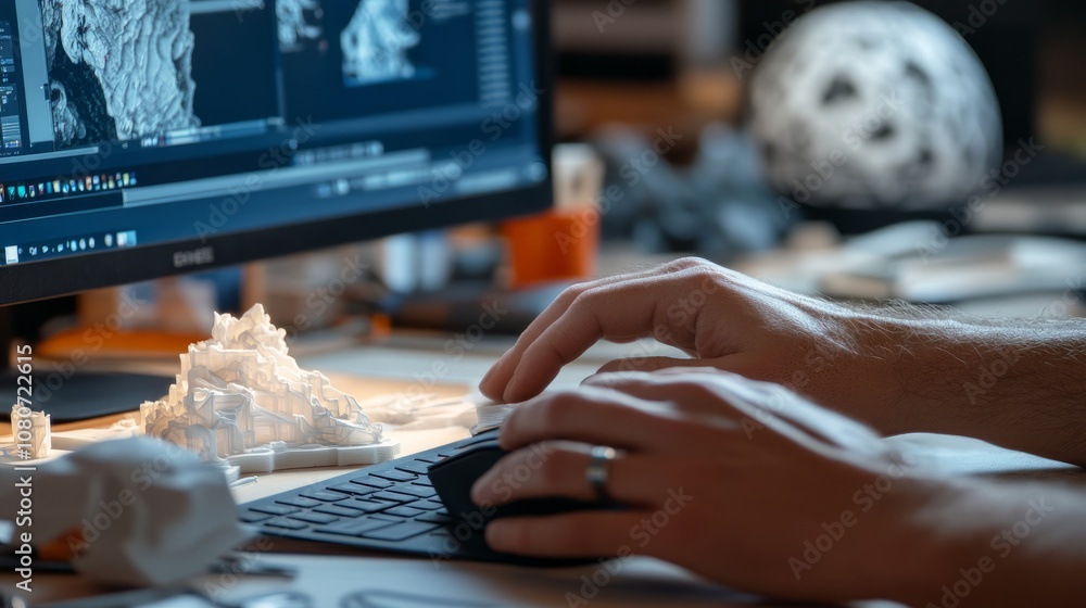 Poster hands of an engineer on a mouse and keyboard, designing a complex 3d model in cad software, screen i