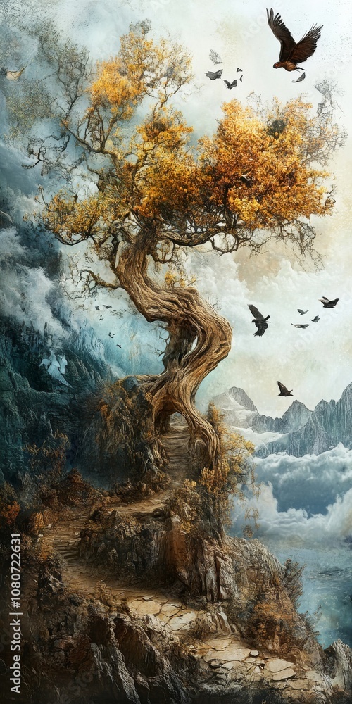 Poster a tree with a path leading up to it. there are birds flying in the sky. the sky is cloudy