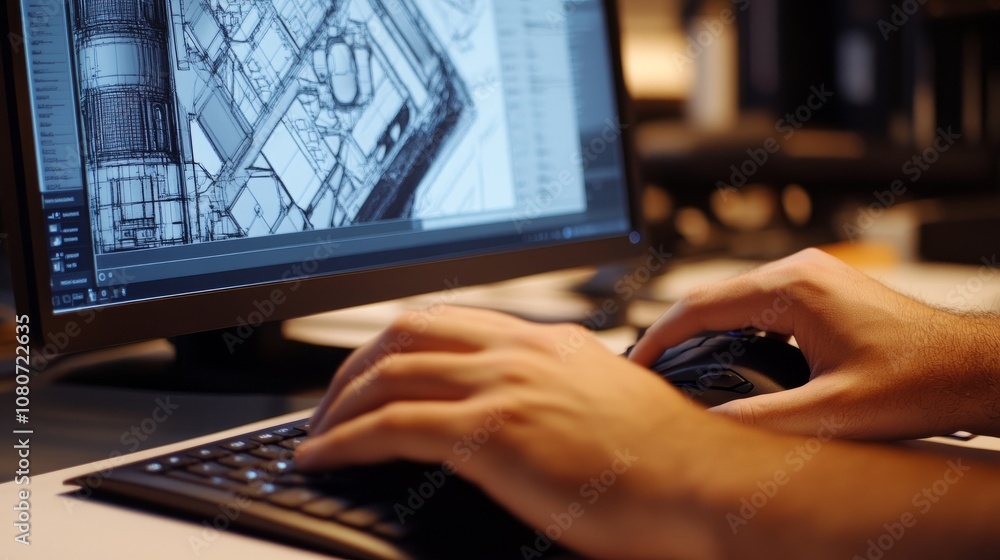 Poster hands of an engineer on a mouse and keyboard, designing a complex 3d model in cad software, screen i
