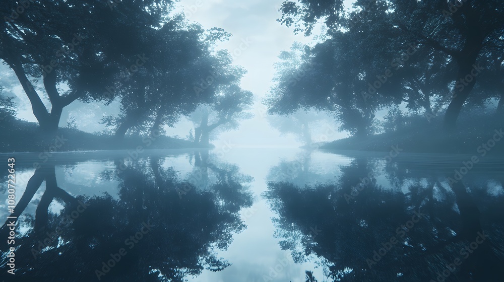 Poster A dreamlike scene of a misty forest reflected in a calm lake with perfect symmetry, creating an otherworldly, hyper-realistic effect. No text, no logo, wide angle shot, Cinematic Scene, 4k