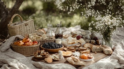 Rustic picnic setup with assorted delights and flowers.