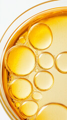 Vitamin-Infused Oil Droplets in Skincare Formulation Highlighting Natural Ingredients and Cosmetic Raw Materials. Close-up shots, raw graphic photos. Cosmetics advertising materials.
