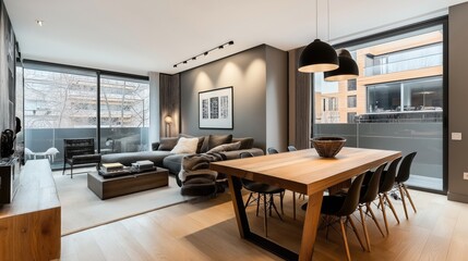 Modern living and dining area with large windows, gray sofa, wooden table, black chairs, and stylish lighting.