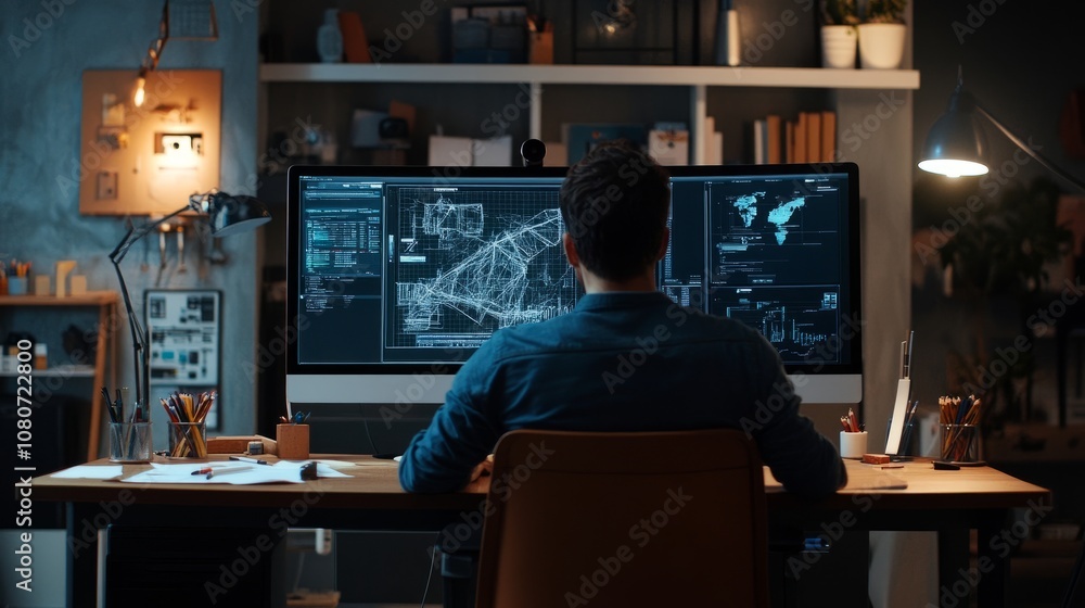 Aufkleber modern engineering office with an engineer designing 3d cad models on a large monitor, intense conce