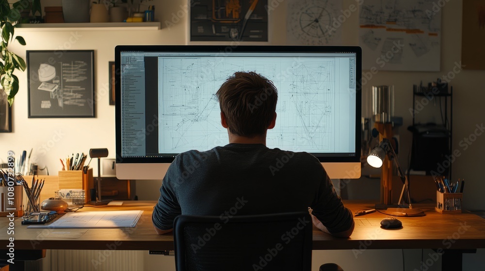 Poster modern engineering office with an engineer designing 3d cad models on a large monitor, intense conce