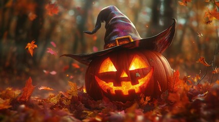 Carved pumpkin with witch hat among autumn leaves.