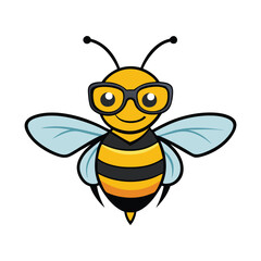 A cute honey bee mascot logo with glasses, featuring a cheerful expression and a vibrant, friendly design. Ideal for brands, with bright colors, clear outlines, and a playful vibe. Vector format.