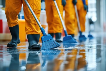 Team of professional cleaners in bright orange uniforms using brooms to clean wet floors in a commercial space, showcasing teamwork and dedication to cleanliness