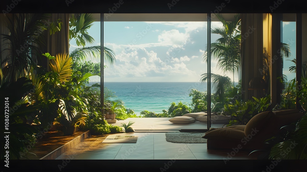 Poster a panoramic view of a seaside villa with large windows overlooking the ocean, surrounded by tropical