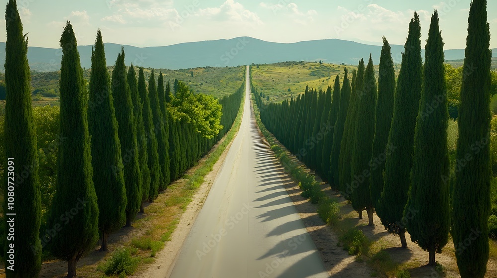 Poster an elevated view of a long, straight road lined with trees on either side, leading towards distant m