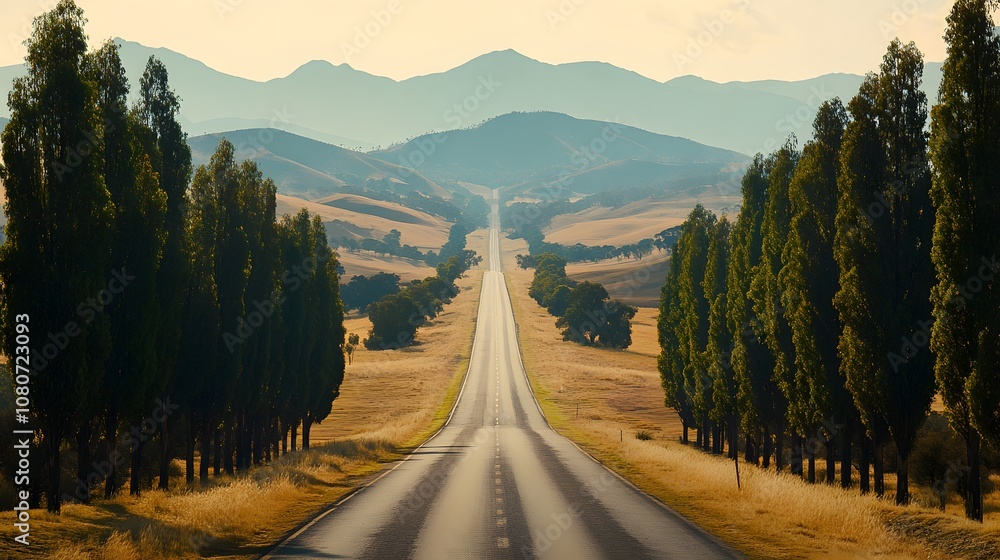 Poster an elevated view of a long, straight road lined with trees on either side, leading towards distant m