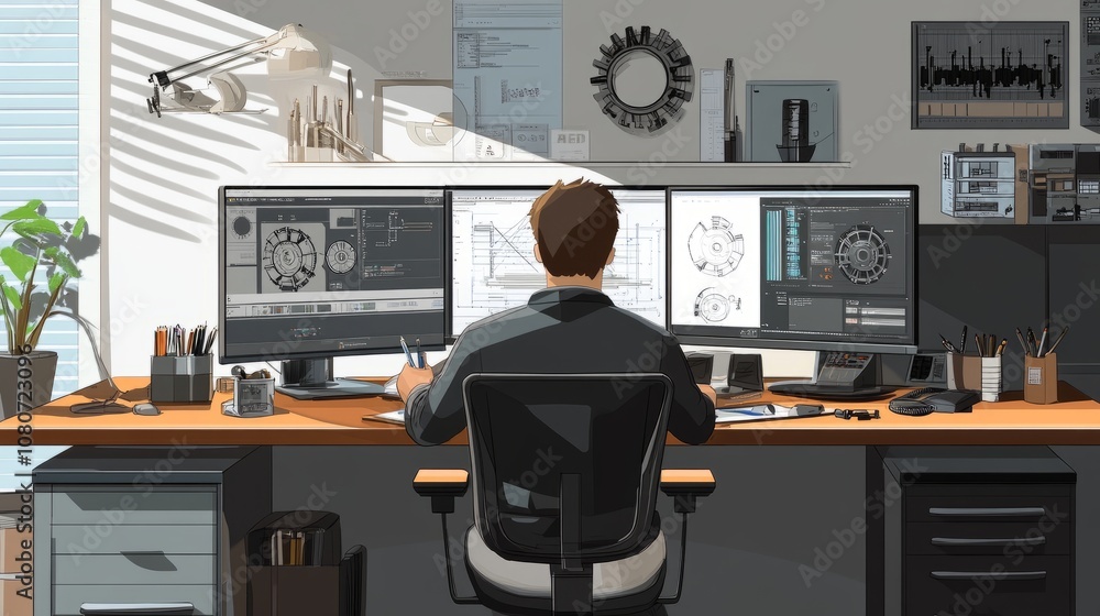 Poster modern engineering office with an engineer designing mechanical parts using cad software on dual scr