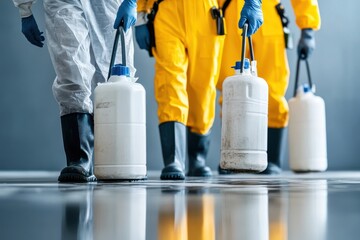 Fototapeta premium Workers in Protective Gear Carrying Chemical Containers in a Professional Setting for Hazardous Material Management and Safety Procedures