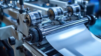 A modern printing press has details such as ink rollers and transfer rollers