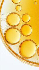 Vitamin-Infused Oil Droplets in Skincare Formulation Highlighting Natural Ingredients and Cosmetic Raw Materials. Close-up shots, raw graphic photos. Cosmetics advertising materials.