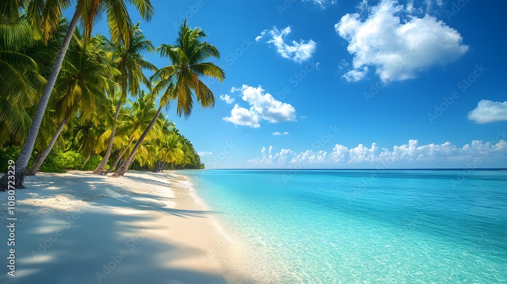 Poster a panoramic beach view with palm trees lining a pristine white shore, stretching symmetrically along