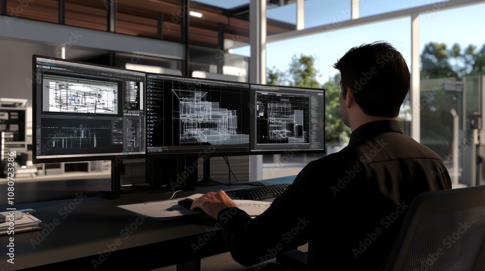 Poster modern workspace with an engineer designing a 3d model, dual monitors showing complex cad renderings