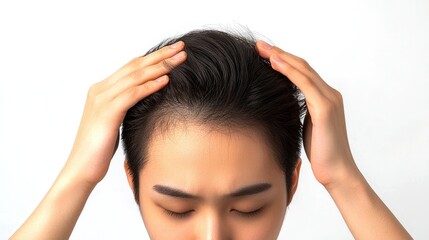 Fototapeta premium Young man seeing receding hairline, signs of androgenic alopecia, common hair loss cause