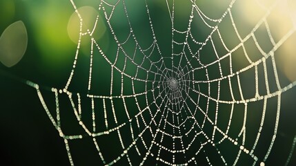 A close-up of a spider web adorned with dew drops, set against a blurred green background.