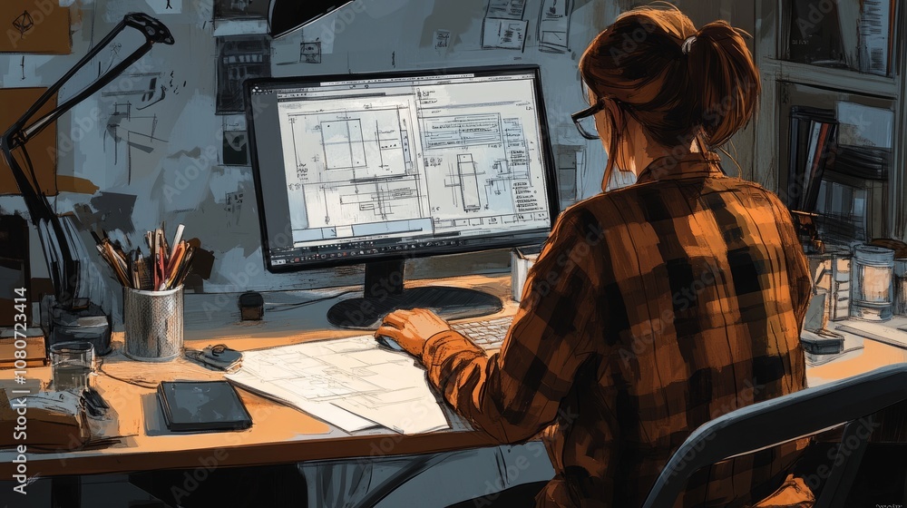 Poster office scene of an engineer working on cad modeling software, creating a detailed product prototype.