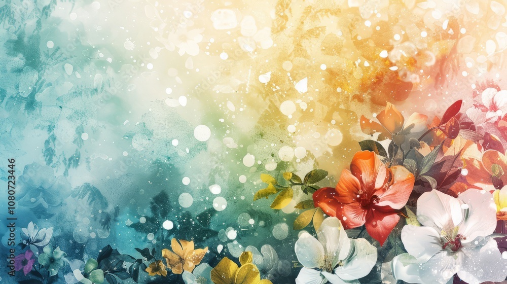 Poster A colorful abstract background featuring vibrant flowers and bokeh effects, creating a dreamy and artistic atmosphere.