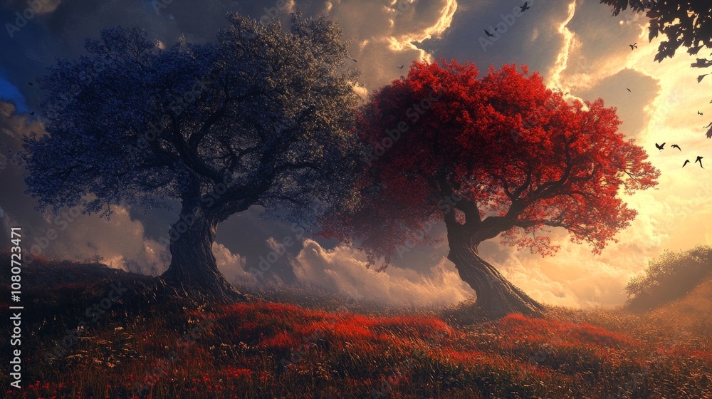 Poster two trees with red leaves are in a field. there are birds flying in the sky. the sky is cloudy
