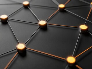 Abstract web network with linked nodes, keyword highlights, and backlink connections, representing SEO and traffic building, 3D illustration