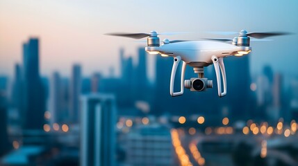 Aerial view of a drone flying over a city skyline during twilight, showcasing modern technology in urban landscapes.