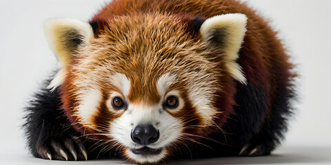 Fototapeta premium Cute Red Panda Animal lying on the white background Created with geenerative AI