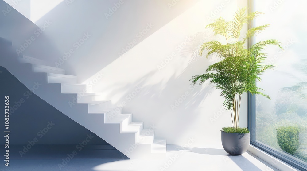 Poster modern white staircase with a large window and a potted palm tree in a minimal interior design.