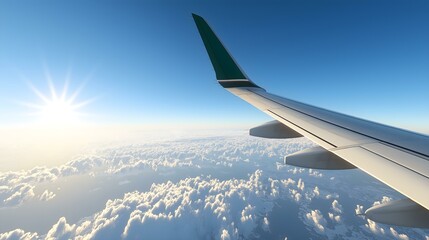 Obraz premium Aerial view of airplane wing above clouds with sun shining, capturing a serene travel experience in the sky.