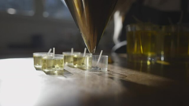 A person is pouring liquid into a container with a small candle in it. The candles are in a row and the container is on a table