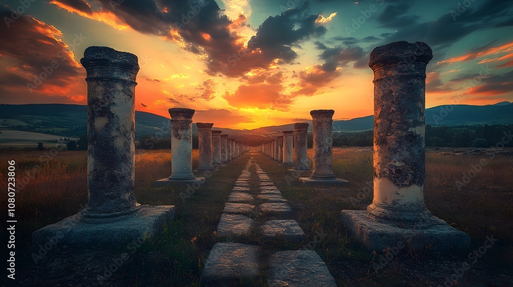 Poster a symmetrical row of ancient stone pillars leading to a scenic viewpoint of a rolling, expansive lan