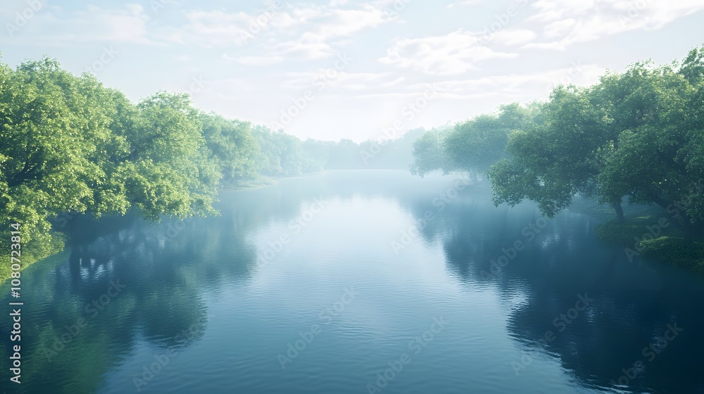 Poster a high perspective view of a calm lake surrounded by symmetrical tree-lined shores, capturing a hype