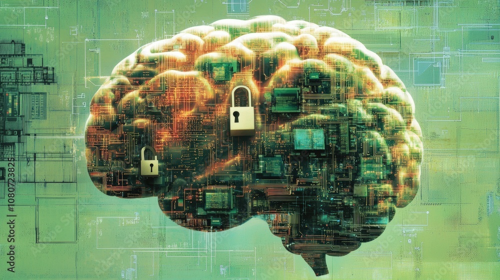 Poster digital brain with circuit design, symbolizing cybersecurity and technology integration.