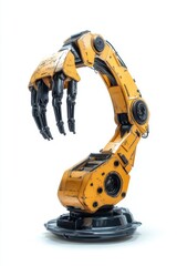A yellow robot with a claw on its hand. The robot is made of metal and has a black base