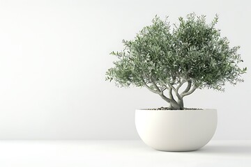 Elegant Indoor Olive Tree in Minimalist White Pot on Simple Background, Perfect for Home Décor, Office Spaces, and Natural Aesthetic Style Inspiration