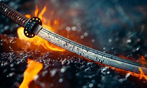 A close-up of a glistening sword amidst vibrant flames, showcasing craftsmanship and intensity.