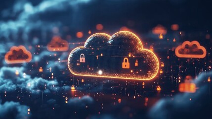 Digital cloud with glowing locks symbolizing secure data storage and futuristic technology.