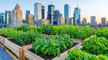 Fototapeta premium Rooftop garden at sunset at city center, urban gardening concept, generative stock