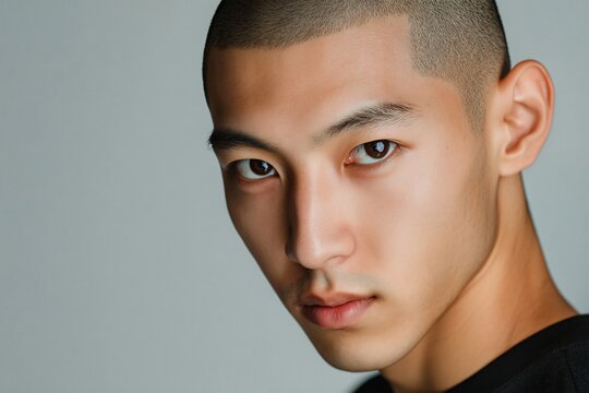 Close up studio portrait of a young asian man with a buzz cut hairstyle, conveying confidence and style against a neutral background