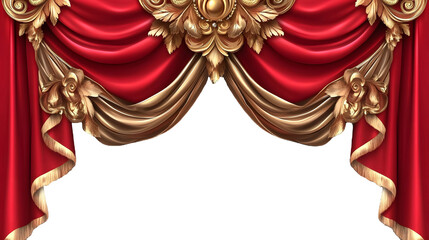 Red curtain with golden ornaments on a transparent background. isolated background.
