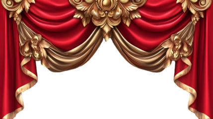 Red curtain with golden ornaments on a transparent background. isolated background.
