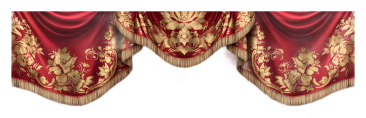 Red curtain with golden ornaments on a transparent background. isolated background.