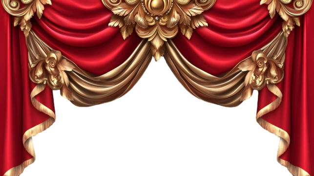 Red curtain with golden ornaments on a transparent background. isolated background.