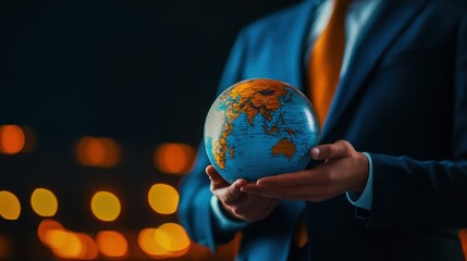 Fototapeta premium A businessman holding a globe, symbolizing Young professional with international job offer in hand, ready for a global career journey