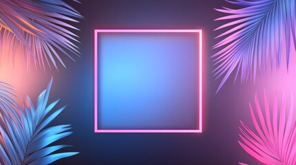 Abstract tropical jungle background with golden arches, neon lights, and dark atmosphere