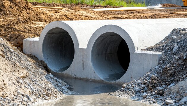Infrastructure project featuring aligned drainage culverts, showcasing efficiency and preparedness in construction