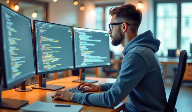 a programmer sits in front of three monitors and writes program code
