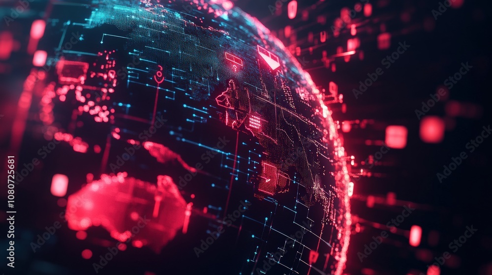 Poster digital globe with red data networks and connections, showcasing global technology concepts.